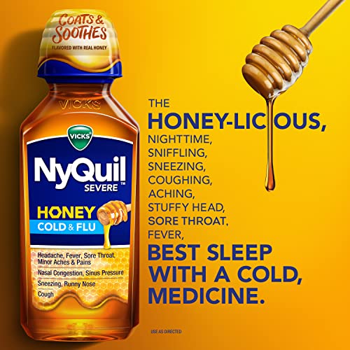 Vicks NyQuil Severe Honey Cold and Flu Medicine, Maximum Strength, Relieves Cough, Sore Throat, Fever, Congestion, 12 Oz