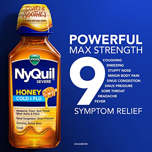 Vicks NyQuil Severe Honey Cold and Flu Medicine, Maximum Strength, Relieves Cough, Sore Throat, Fever, Congestion, 12 Oz