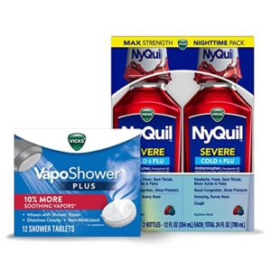 vicks nyquil severe, nighttime relief of cough, cold & flu relief, sore throat, 2- 12 fl oz bottles & vicks vaposhower plus, shower bomb tablets, strong soothing non-medicated vapors, 12 tablets,