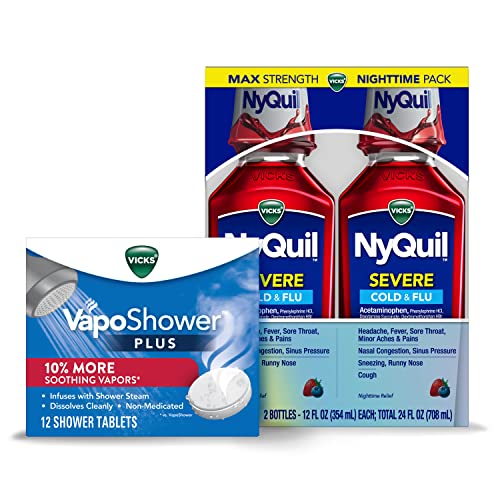 Vicks NyQuil Severe, Nighttime Relief of Cough, Cold & Flu Relief, Sore Throat, 2- 12 FL OZ Bottles & Vicks VapoShower Plus, Shower Bomb Tablets, Strong Soothing Non-Medicated Vapors, 12 Tablets,