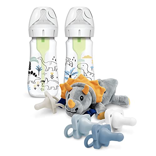 Dr. Brown’s Wide-Neck Baby Bottle Dinosaur Designer Bottles, 9 oz/270 mL, 2-Pack with HappyPaci Pacifiers and Lovey Holder, Triceratops