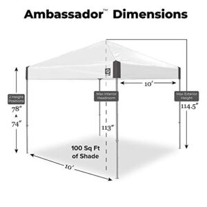 E-Z UP Ambassador Instant Shelter Canopy, 10' x 10', Roller Bag and 4 Piece Spike Set, White Slate