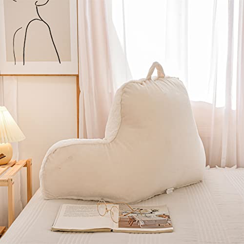 A Nice Night Faux Fur Reading Pillow Bed Wedge Large Adult Children Backrest with Arms Back Support for Sitting Up in Bed/Couch for Bedrest,Ivory