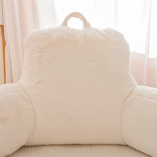 A Nice Night Faux Fur Reading Pillow Bed Wedge Large Adult Children Backrest with Arms Back Support for Sitting Up in Bed/Couch for Bedrest,Ivory