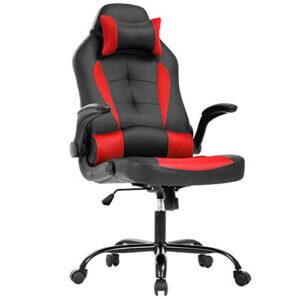 bestoffice pc gaming chair ergonomic office chair desk chair with lumbar support flip up arms headrest pu leather executive high back computer chair for adults women men (red)
