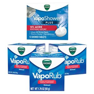 Vicks VapoRub, Chest Rub Ointment, Relief from Cough, Cold w/ Original Medicated Vapors, 1.76 OZ (3 Pack) VapoShower Plus, Shower Bomb Tablets, Soothing Non-Medicated Vapors, 12 Tablets