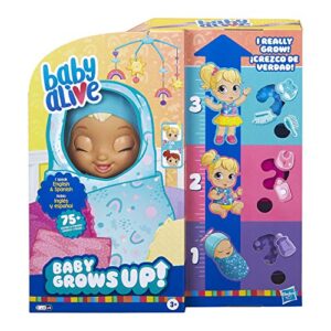 baby alive baby grows up (happy) – happy hope or merry meadow, growing and talking baby doll, toy with 1 surprise doll and 8 accessories , blue