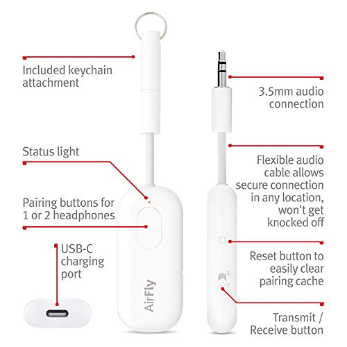 Twelve South AirFly Pro Bluetooth Wireless Audio Transmitter/ Receiver for up to 2 AirPods /Wireless Headphones; Use with any 3.5 mm Audio Jack on Airplanes, Gym Equipment, TVs, iPad/Tablets and Auto