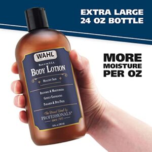 Wahl Body Lotion with Essential Oils, Hydroxy Acid and Ceramides to Exfoliate, Restore, Moisturize All Skin Types – 24 Oz - Model 805606A