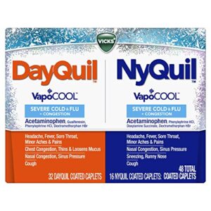 vicks dayquil and nyquil vapocool severe combo cold & flu + congestion medicine, max strength relief for fever, sore throat, nasal congestion, sinus pressure, cough, 48 count – 32 dayquil, 16 nyquil