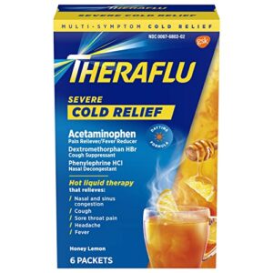 theraflu multi-symptom severe cold medicine, cold and cough medicine powder packets, green tea and honey lemon flavors – 6 packets