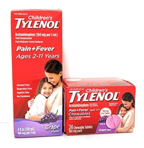 tylenol children’s liquid (4 fl. oz) & chewable (24 ct), pain relief, grape, 2 piece bundle