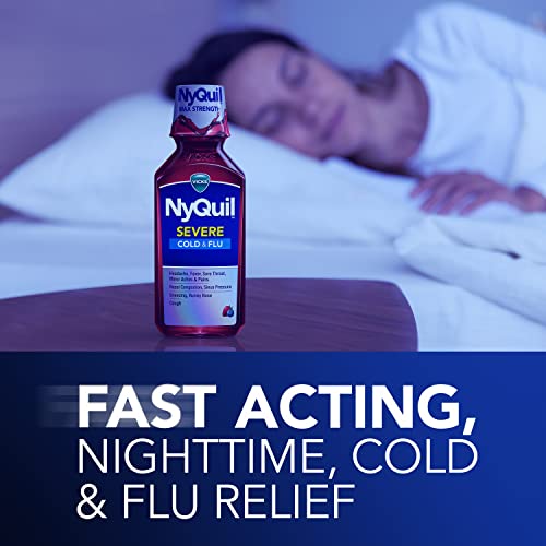 Vicks NyQuil SEVERE Cold & Flu Liquid Berry Flavored Medicine, Max Strength Nighttime Relief for Fever, Sore Throat, Minor Aches And Pains, Nasal Congestion, Sneezing, Cough, Twin Pack, 2 x 12 FL OZ