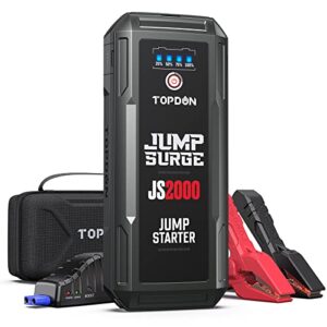 car battery charger jump starter, topdon 2000a peak battery jump starter for up to 8l gas/6l diesel engines, 12v portable battery booster jump starter pack with jumper cables and eva protection case