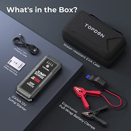 Car Battery Charger Jump Starter, TOPDON 2000A Peak Battery Jump Starter for Up to 8L Gas/6L Diesel Engines, 12V Portable Battery Booster Jump Starter Pack with Jumper Cables and EVA Protection Case