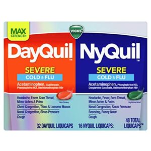 vicks dayquil and nyquil severe cough, cold & flu relief, 48 liquicaps (32 dayquil & 16 nyquil) – relieves sore throat, fever, and congestion, day or night, 48 count