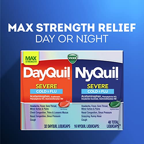Vicks DayQuil and NyQuil Severe Cough, Cold & Flu Relief, 48 LiquiCaps (32 DayQuil & 16 NyQuil) - Relieves Sore Throat, Fever, and Congestion, Day or Night, 48 Count