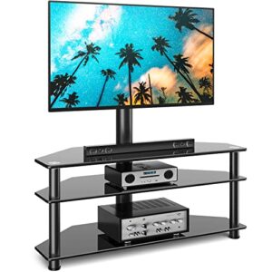 rfiver swivel glass tv stand with mount for 32-70 inch flat or curved screen tv up to 110 lbs, height adjustable corner floor entertainment center with tv mount and 3-tier storage for av media