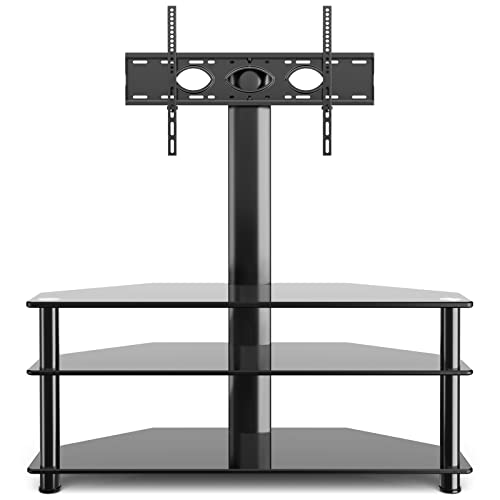 Rfiver Swivel Glass TV Stand with Mount for 32-70 Inch Flat or Curved Screen TV up to 110 lbs, Height Adjustable Corner Floor Entertainment Center with TV Mount and 3-Tier Storage for AV Media