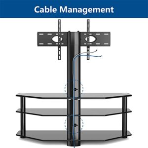 Rfiver Swivel Glass TV Stand with Mount for 32-70 Inch Flat or Curved Screen TV up to 110 lbs, Height Adjustable Corner Floor Entertainment Center with TV Mount and 3-Tier Storage for AV Media