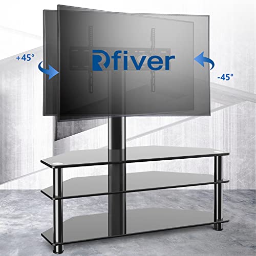 Rfiver Swivel Glass TV Stand with Mount for 32-70 Inch Flat or Curved Screen TV up to 110 lbs, Height Adjustable Corner Floor Entertainment Center with TV Mount and 3-Tier Storage for AV Media