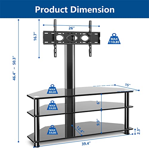 Rfiver Swivel Glass TV Stand with Mount for 32-70 Inch Flat or Curved Screen TV up to 110 lbs, Height Adjustable Corner Floor Entertainment Center with TV Mount and 3-Tier Storage for AV Media