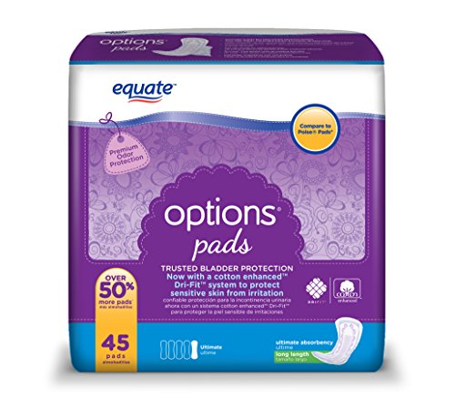 Equate Options Incontinence Pads for Women, Ultimate, Long Length, 45 Ct