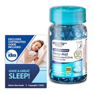 equate maximum strength sleep-aid softgels 50mg, 100 ct bundle with exclusive “have a great sleep” – better idea guide (2 items)