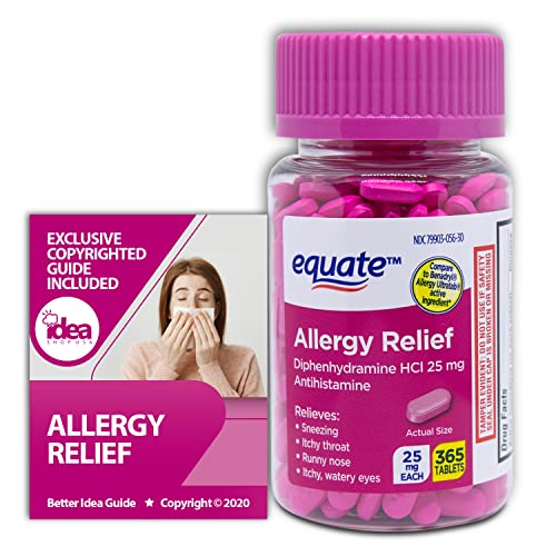 Equate Allergy Relief Tablets with Diphenhydramine HCl 25mg Antihistamine, 365 Ct Bundle with Exclusive "Allergy Relief" - Better Idea Guide (2 Items)