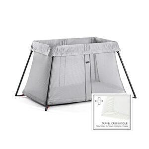 babybjorn travel crib light – silver + fitted sheet bundle pack