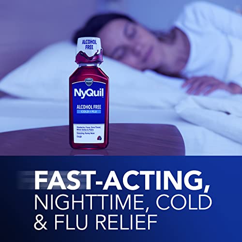 Vicks NyQuil ALCOHOL FREE Cold & Flu Relief Liquid Medicine, Powerful Multi-Symptom Nighttime Relief For Headache, Fever, Sore Throat, Sneezing, Runny Nose And Cough, Berry Flavor, 12 FL OZ