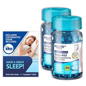 equate maximum strength sleep-aid softgels 50mg, 100 ct (2 pack) bundle with exclusive “have a great sleep” – better idea guide (3 items)