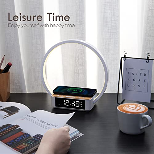 WILIT Bedside Lamp, Touch Table Lamp with Wireless Charger, Nightstand Lamp with Clock, Wake-Up Light 3 Levels Brightness LED Night Light for Bedroom, Living Room, Nightstand