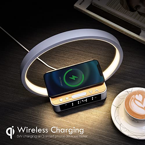 WILIT Bedside Lamp, Touch Table Lamp with Wireless Charger, Nightstand Lamp with Clock, Wake-Up Light 3 Levels Brightness LED Night Light for Bedroom, Living Room, Nightstand