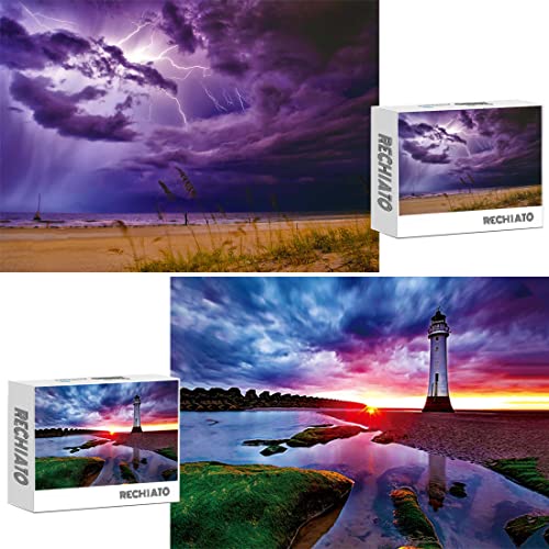 2 Pack 1000 Pieces Sunset Lighthouse & Purple Lightning Puzzle, Talacre Lighthouse UK & Landscapes of Thunder Storm, Jigsaw Puzzles for Adults 1000 Pieces and Up, Beach Puzzle Gifts for Women & Mom