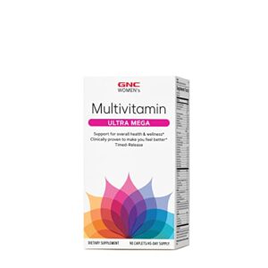 gnc women’s ultra mega multivitamin | supports overall health and wellness in women, clinically proven to make you feel better, timed-release | 90 caplets