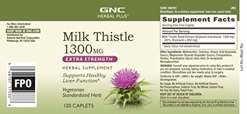 GNC Herbal Plus Milk Thistle 1300mg | Standardized Herb, Supports Healthy Liver Function, Vegetarian | 120 Caplets