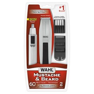 Wahl Mustache and Beard Battery Operated Beard Trimming kit for Mustaches, Beard, Neckline, Light Detailing and Grooming with Bonus Nose & Ear Trimmer – Model 5537-420