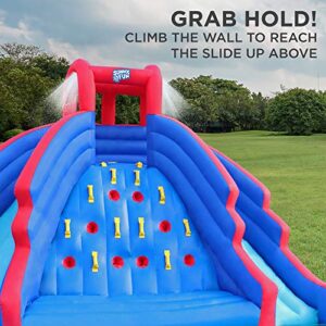 SUNNY & FUN Ultra Climber Inflatable Water Slide Park – Heavy-Duty for Outdoor Fun - Climbing Wall, Two Slides & Splash Pool – Easy to Set Up & Inflate with Included Air Pump & Carrying Case