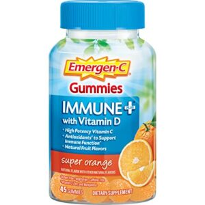 emergen-c immune+ immune gummies, vitamin d plus 750 mg vitamin c, immune support dietary supplement, caffeine free, gluten free, super orange flavor – 45 count