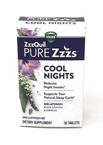 vicks zzzquil pure zzzs cool nights, night sweats reducing, melatonin sleep aid, 30 tablets