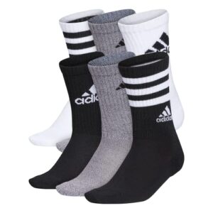 adidas kids-boy’s/girl’s mixed graphic athletic cushioned crew socks (6-pair), white/onix grey/black, large