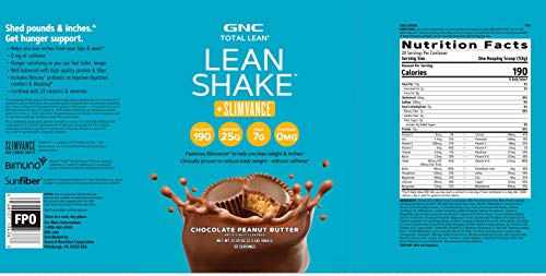 GNC Total Lean Shake + Slimvance | Caffeine Free Protein Powder, Helps Reduce Body Weight | Chocolate Peanut Butter | 20 Servings