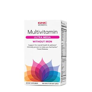 gnc women’s multivitamin ultra mega without iron | daily vitamin supplement | supports immune, brain, hair, skin & nails | antioxidant blend | 180 caplets