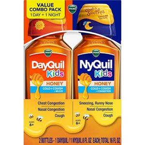 vicks kids nyquil/dayquil honey cold & cough + congestion relief combo pack for nighttime & daytime cough & congestion, flavored with real honey, for children ages 6+, 8 fl oz nyquil, 8 fl oz dayquil