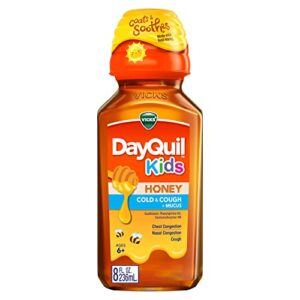vicks dayquil kids cold and cough + mucus relief made with real honey for kids 6+ tastes great 8oz