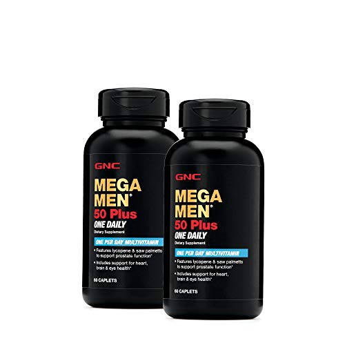 GNC Mega Men 50 Plus One Daily Multivitamin, Twin Pack, 60 Caplets per Bottle, Supports Heart, Brain and Eye Health