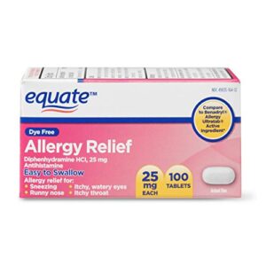 equate dye free allergy relief tablets, diphenhydramine hci, 25 mg, 100 count