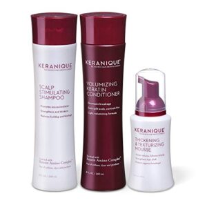 keranique 60 day hair thickening kit | shampoo, conditioner, and texturizing mousse | free of sulfates, dyes and parabens | improves hair texture | strengthens thinning hair