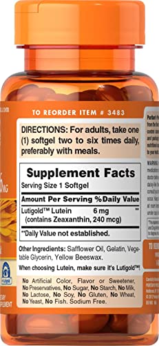 Puritans Pride Lutein 6 Mg with Zeaxanthin Supports Eye Health, 200 Count